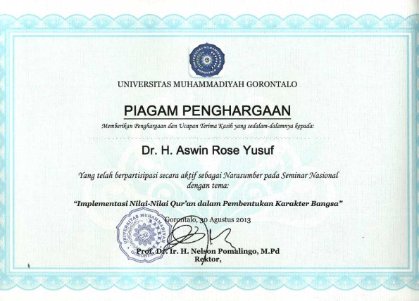 Piagam Penghargaan DR. H. Aswin Rose, Gorontalo, 30 Agustus 2013