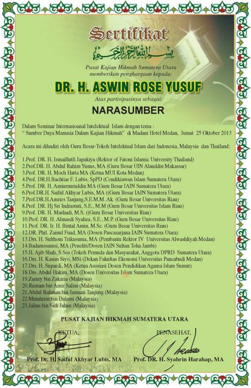 Piagam Penghargaan DR. H. Aswin Rose, Medan, 25 Oktober 2013