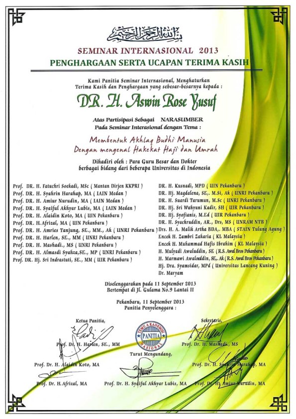 Piagam Penghargaan DR. H. Aswin Rose, Pekanbaru, 11 September 2013