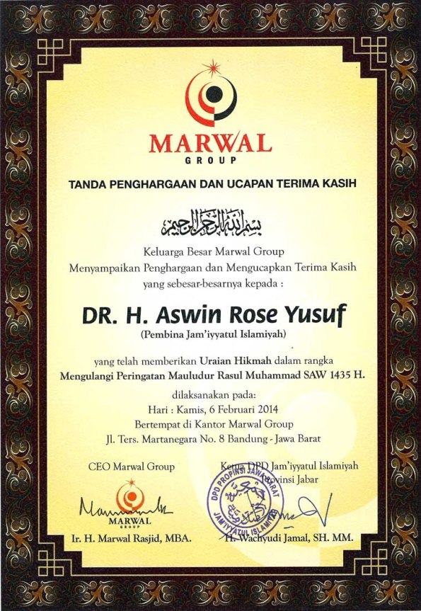 Piagam Penghargaan DR. H. Aswin Rose, Bandung, 6 Februari 2014