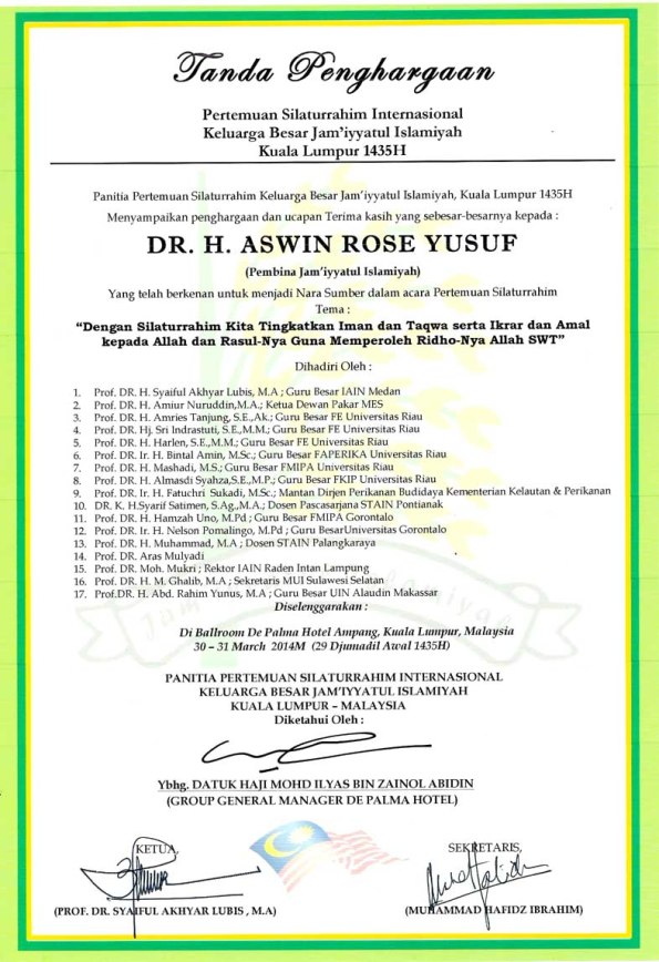 Piagam Penghargaan DR. H. Aswin Rose, Kuala Lumpur, Malaysia, 30 Maret 2014