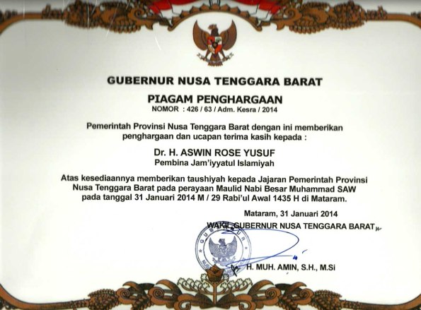 Piagam Penghargaan DR. H. Aswin Rose, Nusa Tenggara Barat, 31 Januari 2013